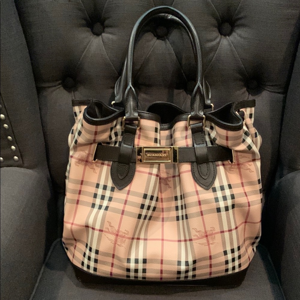 Burberry Black and Cream Tote with Leather Trim
